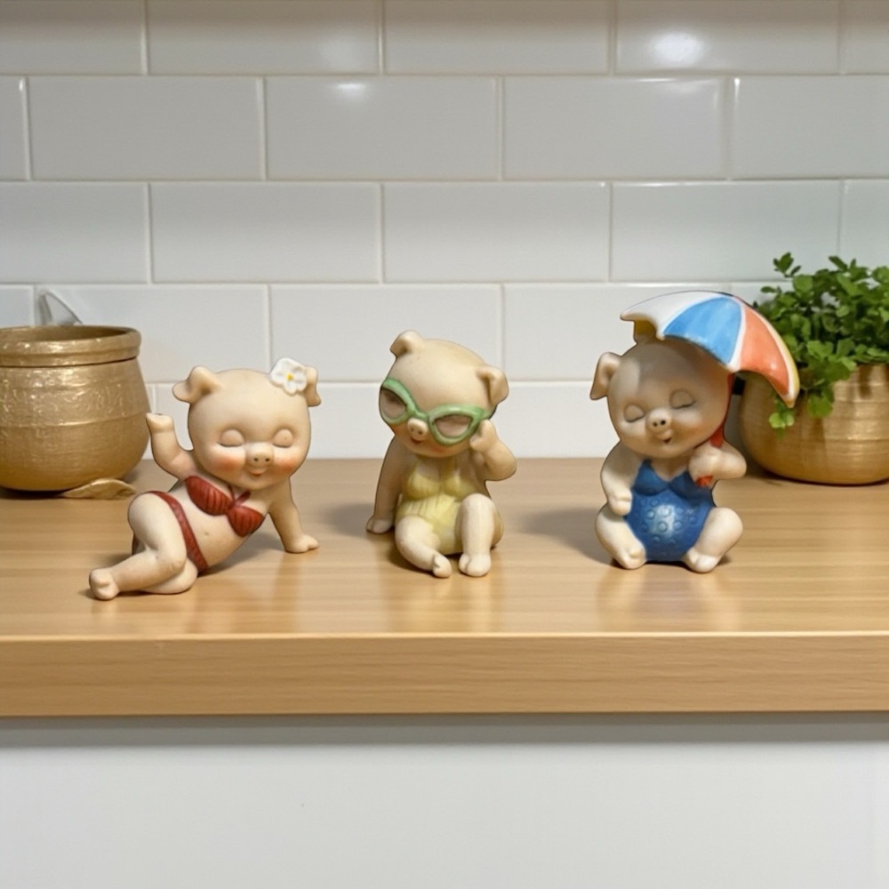Vintage Enesco Pigs at the Beach Porcelain Figurine Set of 3  IMMACULATE